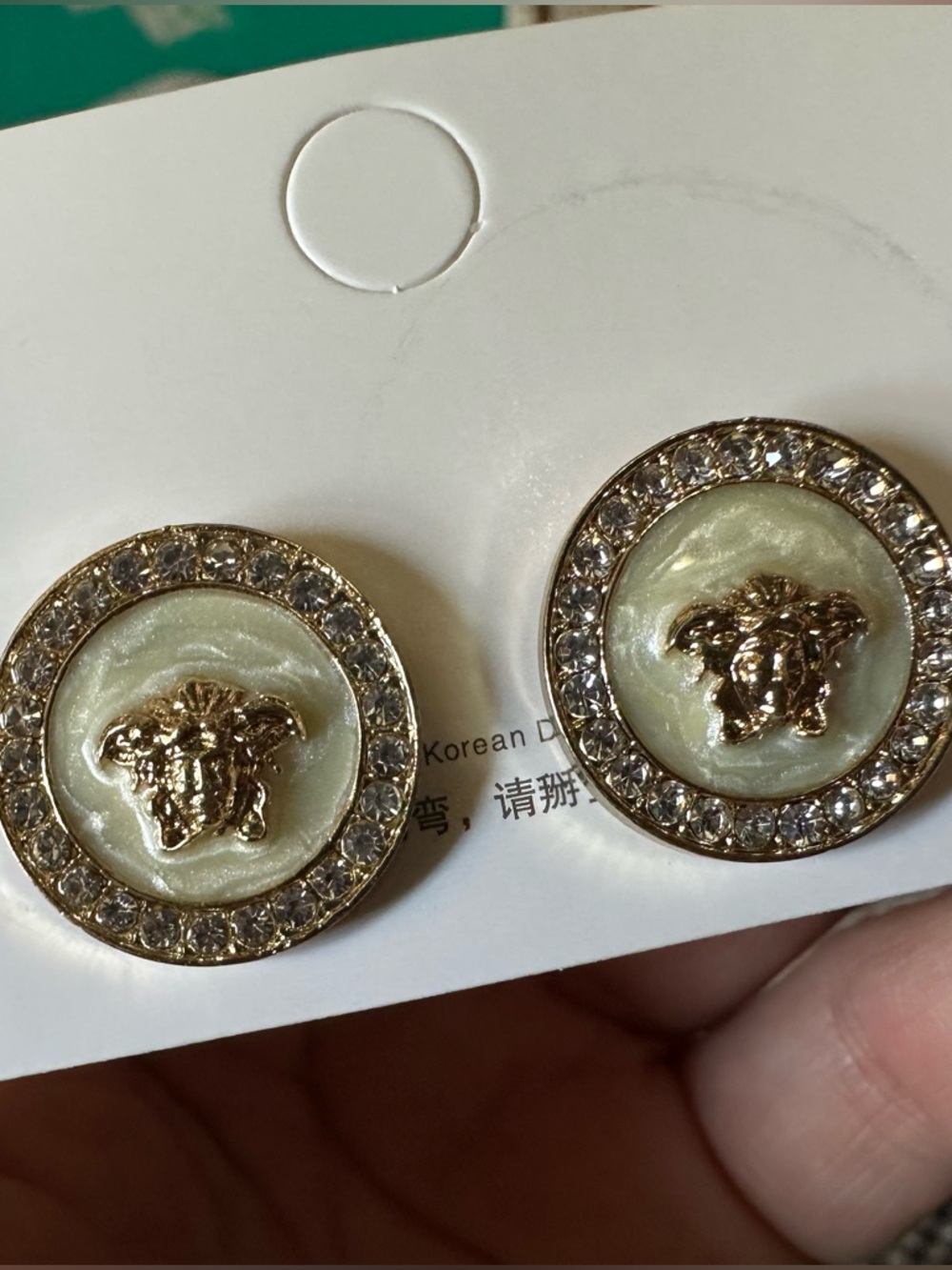 Gold-Tone Medallion Pearl White Crystal Stud Earrings